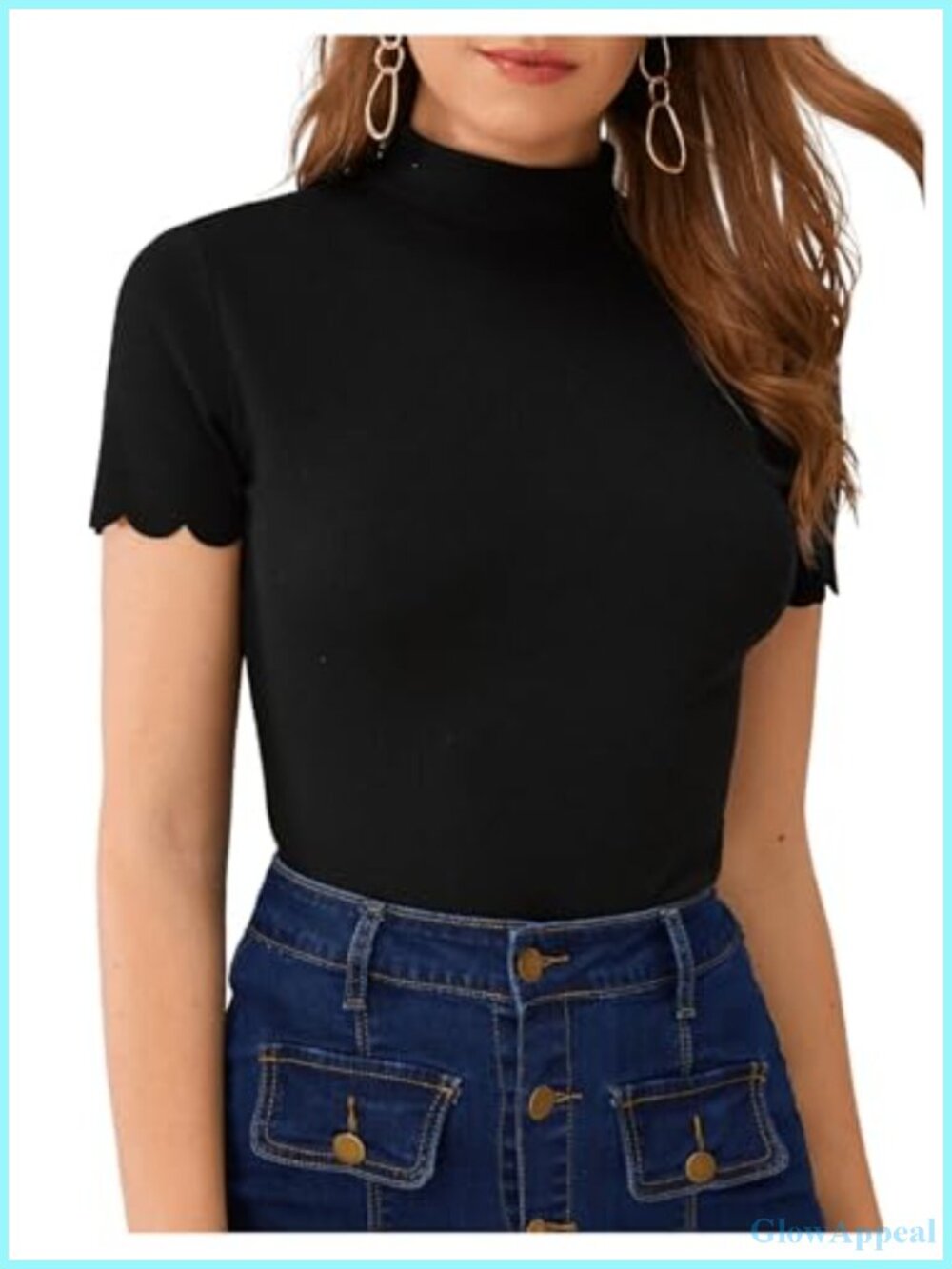 Mock Neck Ribbed Knit Scallop Short Sleeve T Shirt Top